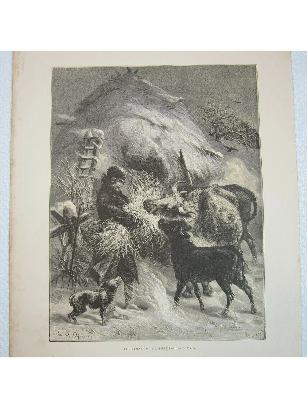 Antique 1873 Wood Engraving Print Christmas in the Fields, John S. Davis, Aldine